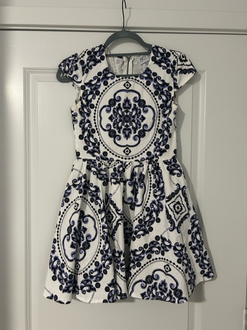 Xenia Boutique White and Navy Medallion Fit-and-Flare Dress